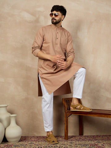 Nabia Beige Solid Mandarin Collar Cotton Kurta For Men