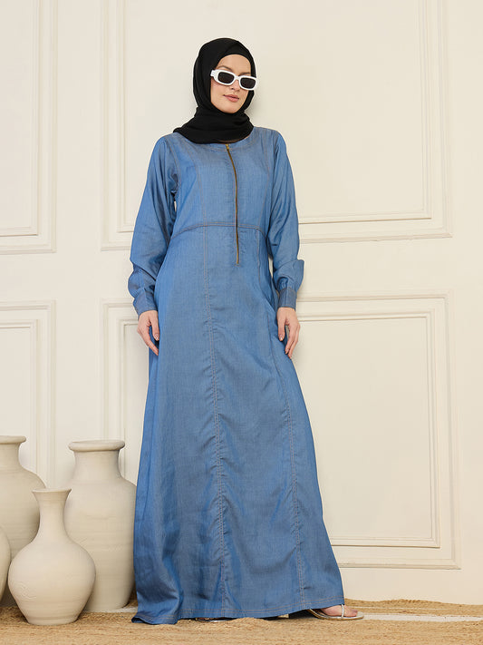 Nabia Women Blue Solid Cuffed Sleeves Denim Abaya With Black Georgette Hijab