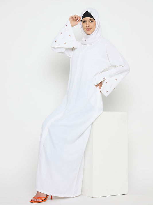 Hand Work Detailing Solid White Luxury Abaya Burqa For Women With Black Hijab