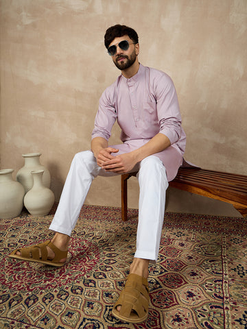 Nabia Solid Lavender Color Cotton Kurta and White Pajama Set for Men with Mandarin Collar