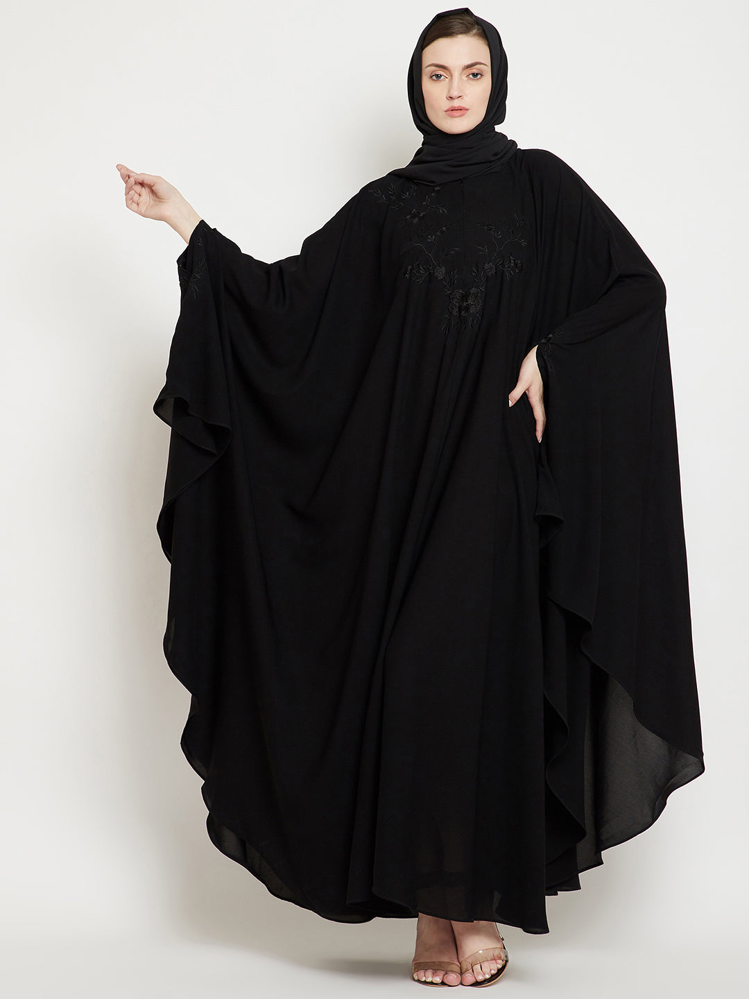 Nabia Women Black solid Irani Kaftan Abaya With Chikan Hand Embroidere