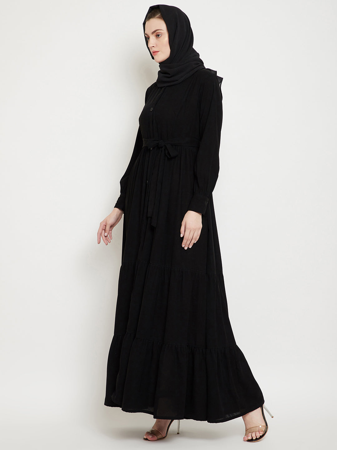 Nabia Women Black Solid Front Open Three Frilled Abaya With Georgette