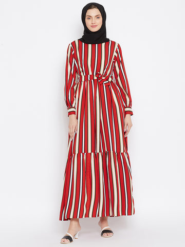 Nabia Women Red & White Stripe Crepe Two Frill Abaya Dress With Georgette Scarf