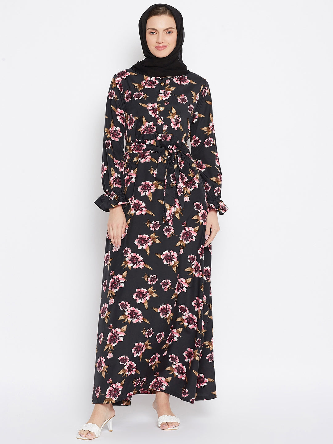 Nabia Women Black Floral Printed Crepe Abaya Dress With Georgette Scarf