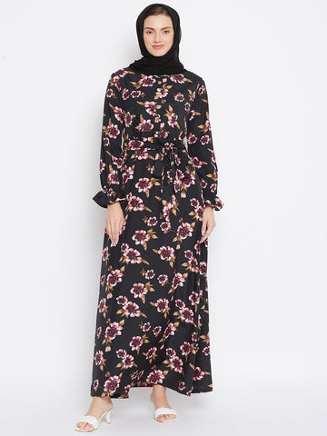 Nabia Women Black Floral Printed Crepe Abaya Dress With Georgette Scarf