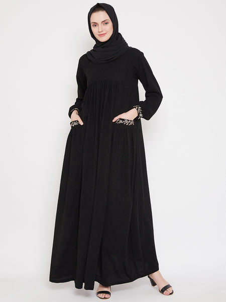 Nabia Women Black Pocket Embroidery Nida Matte Fabric Abaya with ...