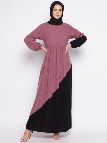 Nabia Puce Pink & Black Nida Matte Fabric Abaya For Women With Georgette Scarf