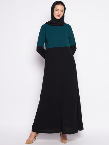 Nabia Bottle Green & Black Nida Matte Fabric Front Open Abaya For Women With Georgette Scarf