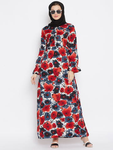 Nabia Women Red & Black Floral Printed Crepe Abaya Dress With Georgette Scarf