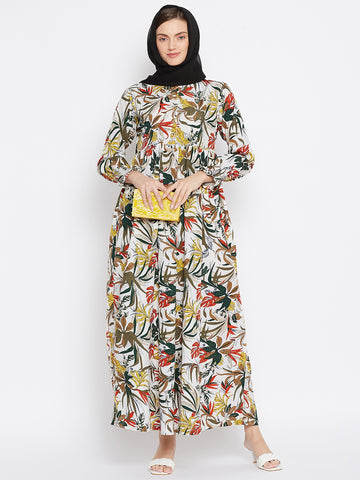 Nabia Women Off White Floral Printed Crepe Abaya Dress With Georgette Scarf