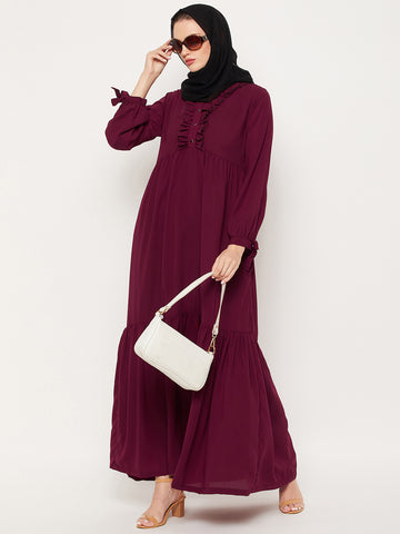 Nabai Maroon Ruffle Nida Matte Fabric Women Abaya With Georgette Scarf