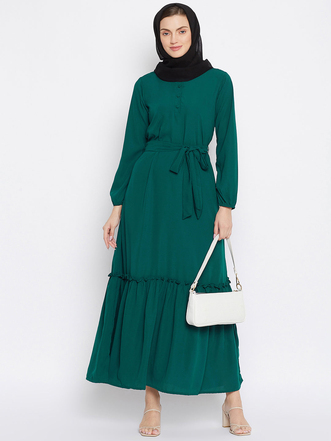 Nabia Women Bottle Green Solid Frill Abaya Dress With Georgette Scarf