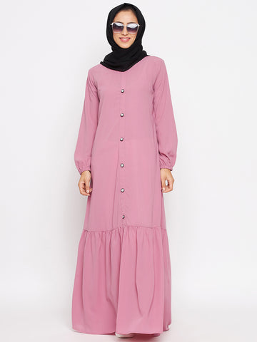 Nabia Women Puce Pink Solid Frill Abaya With Georgette Scarf