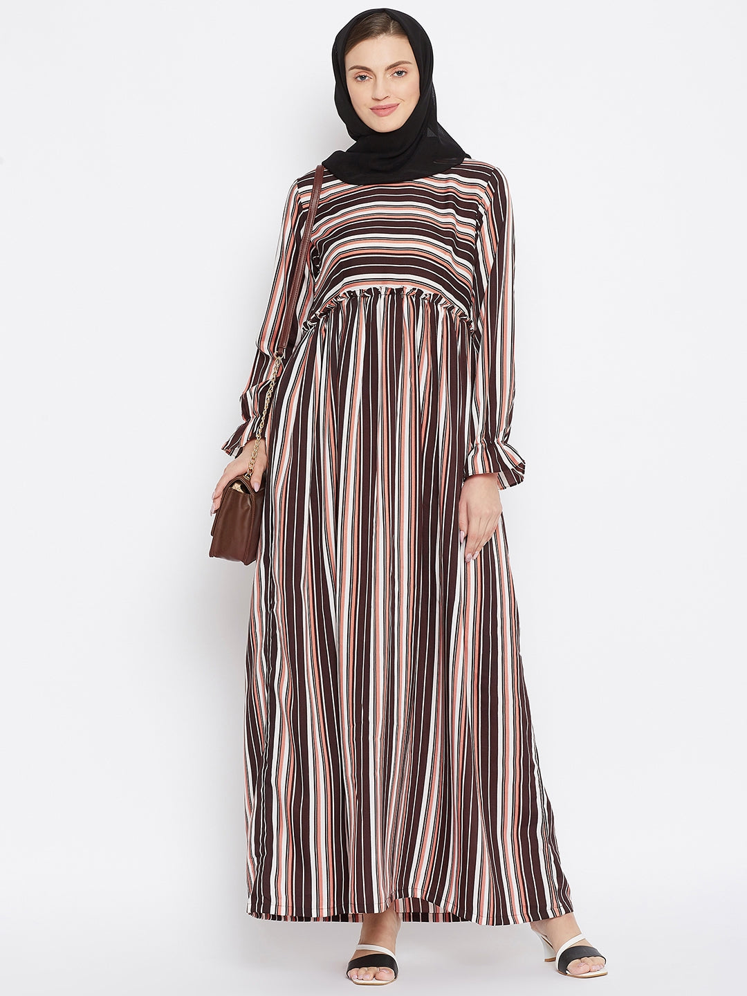 Nabia Women Brown Solid Stripe Crepe Abaya Dress With Georgette Scarf