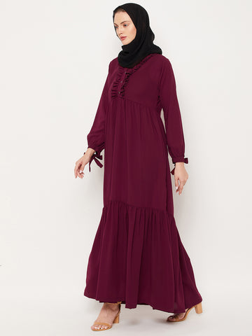 Nabai Maroon Ruffle Nida Matte Fabric Women Abaya With Georgette Scarf