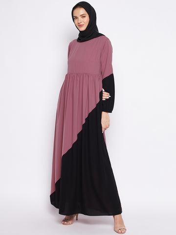 Nabia Puce Pink & Black Nida Matte Fabric Abaya For Women With Georgette Scarf