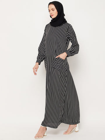 Nabia Black Striped Crepe Women Abaya With Georgette Scarf