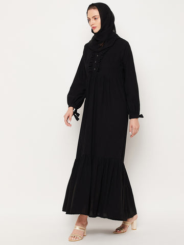 Nabia Black Ruffle Nida Matte Fabric Women Abaya With Georgette Scarf