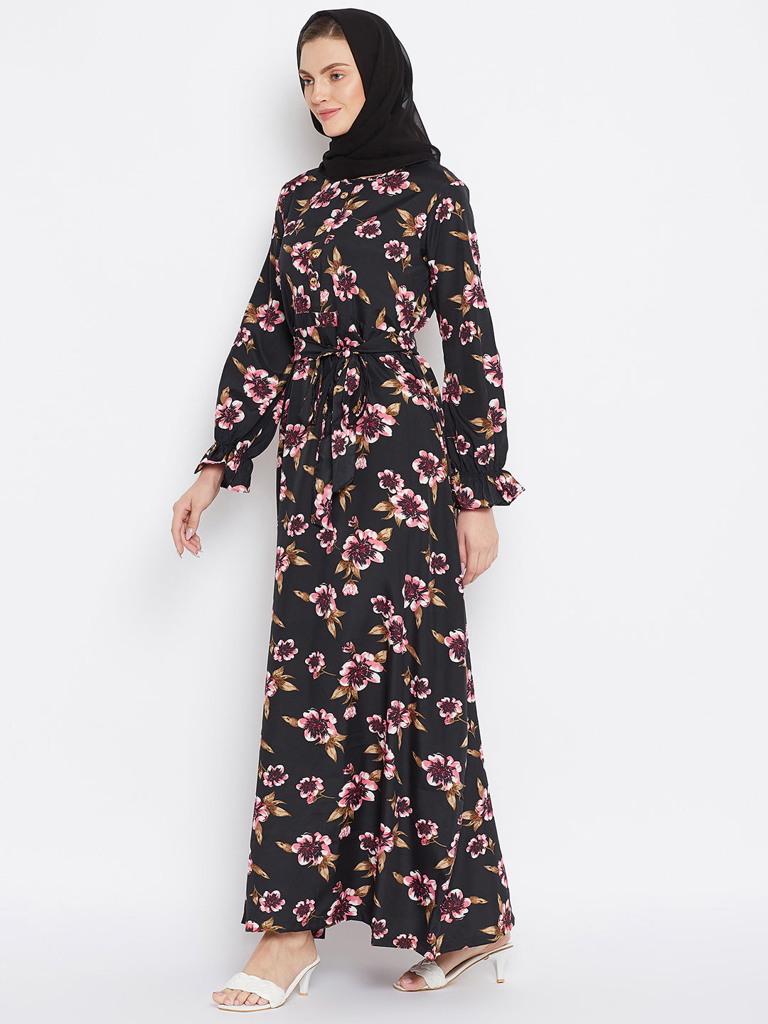 Nabia Women Black Floral Printed Crepe Abaya Dress With Georgette Scarf