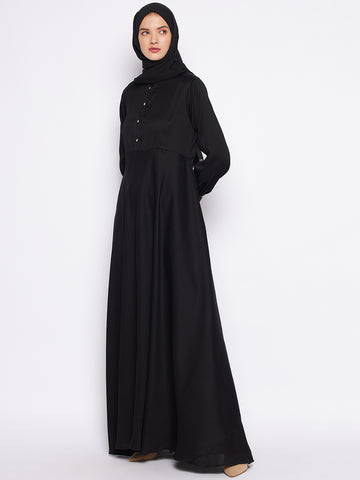 Nabia Black Solid Nida Fabric Abaya For Women With Georgette Scarf
