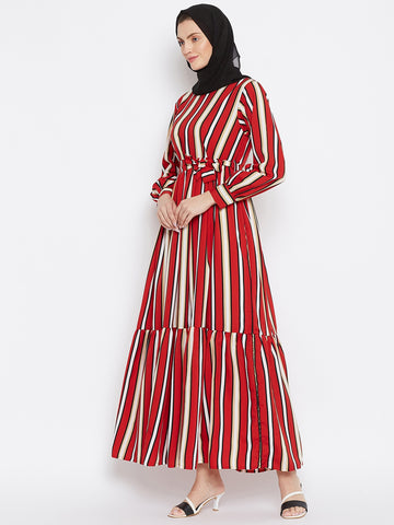 Nabia Women Red & White Stripe Crepe Two Frill Abaya Dress With Georgette Scarf