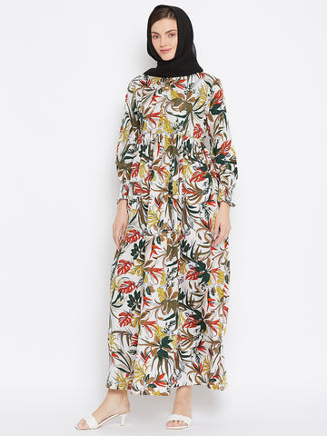 Nabia Women Off White Floral Printed Crepe Abaya Dress With Georgette Scarf