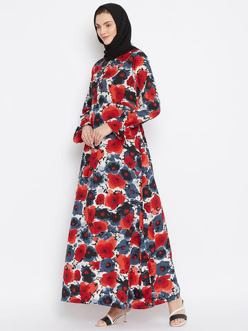 Nabia Women Red & Black Floral Printed Crepe Abaya Dress With Georgette Scarf