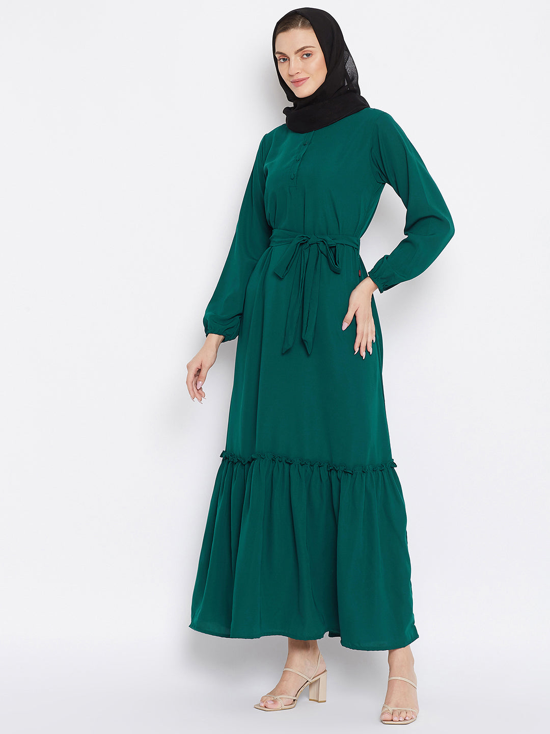 Nabia Women Bottle Green Solid Frill Abaya Dress With Georgette Scarf