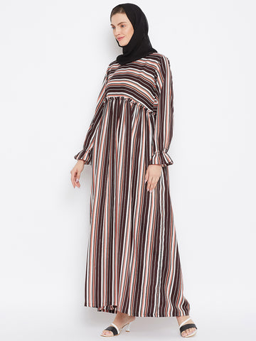 Nabia Women Brown Solid Stripe Crepe Abaya Dress With Georgette Scarf