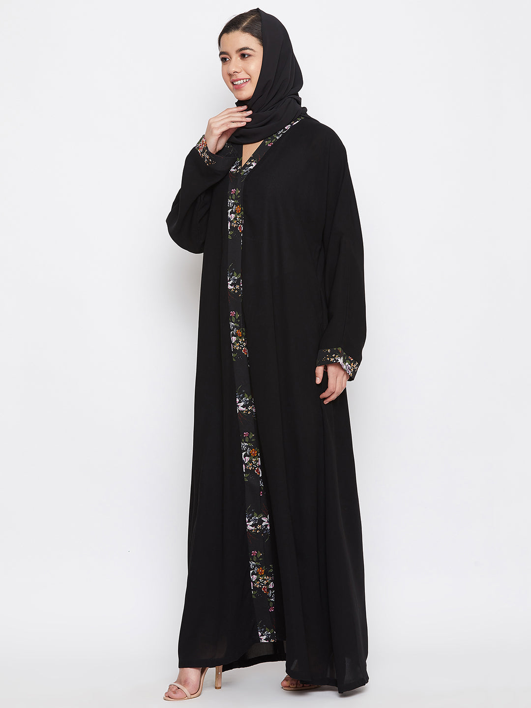 Nabia Women Black Dubai Style Front Open Nida Matte Fabric Abaya with