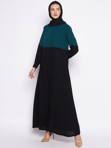 Nabia Bottle Green & Black Nida Matte Fabric Front Open Abaya For Women With Georgette Scarf