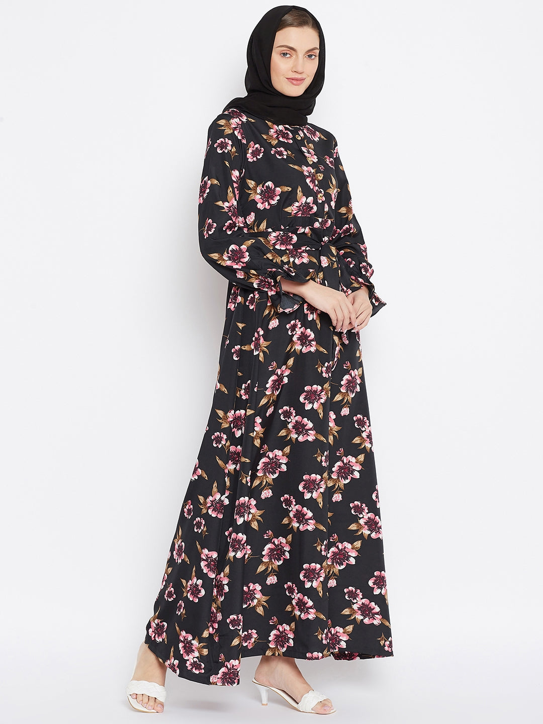 Nabia Women Black Floral Printed Crepe Abaya Dress With Georgette Scarf