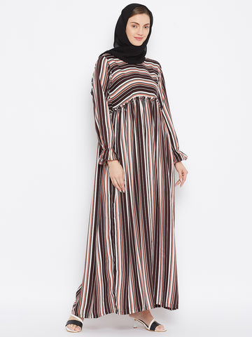 Nabia Women Brown Solid Stripe Crepe Abaya Dress With Georgette Scarf