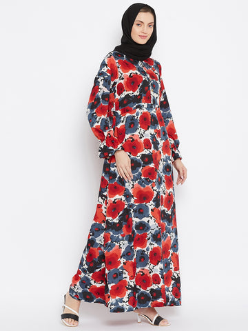 Nabia Women Red & Black Floral Printed Crepe Abaya Dress With Georgette Scarf