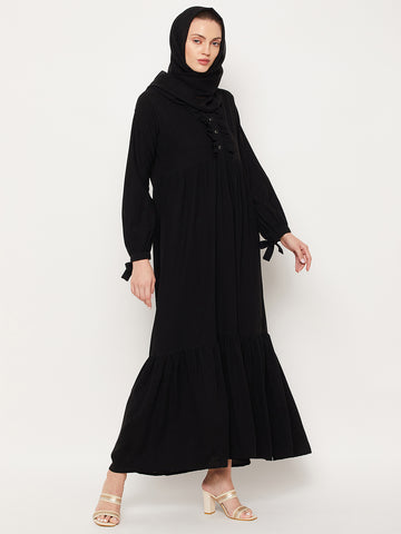 Nabia Black Ruffle Nida Matte Fabric Women Abaya With Georgette Scarf