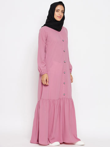 Nabia Women Puce Pink Solid Frill Abaya With Georgette Scarf