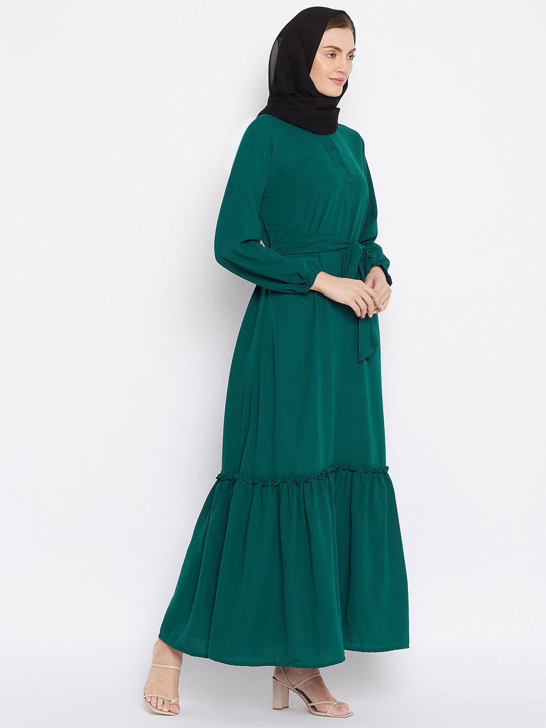 Nabia Women Bottle Green Solid Frill Abaya Dress With Georgette Scarf