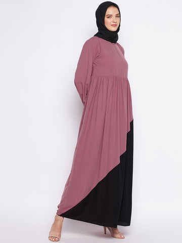 Nabia Puce Pink & Black Nida Matte Fabric Abaya For Women With Georgette Scarf