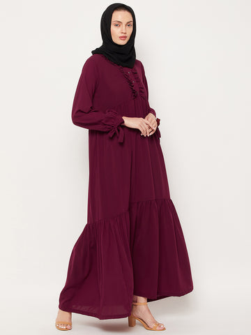 Nabai Maroon Ruffle Nida Matte Fabric Women Abaya With Georgette Scarf