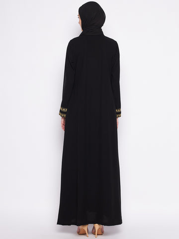 Nabia Black Solid Nida Matte Fabric Abaya For Women With Georgette Scarf