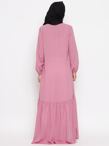 Nabia Women Puce Pink Solid Frill Abaya With Georgette Scarf