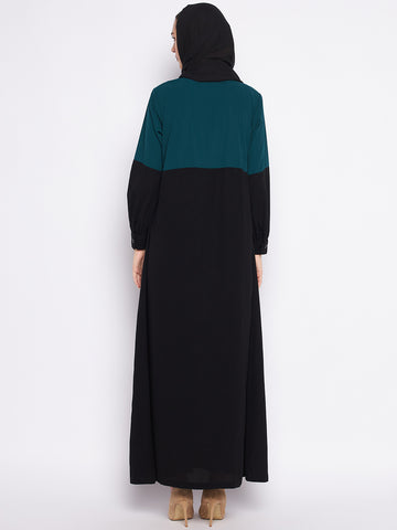 Nabia Bottle Green & Black Nida Matte Fabric Front Open Abaya For Women With Georgette Scarf