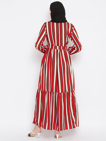 Nabia Women Red & White Stripe Crepe Two Frill Abaya Dress With Georgette Scarf