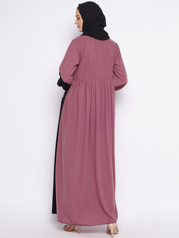 Nabia Puce Pink & Black Nida Matte Fabric Abaya For Women With Georgette Scarf