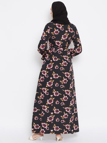 Nabia Women Black Floral Printed Crepe Abaya Dress With Georgette Scarf