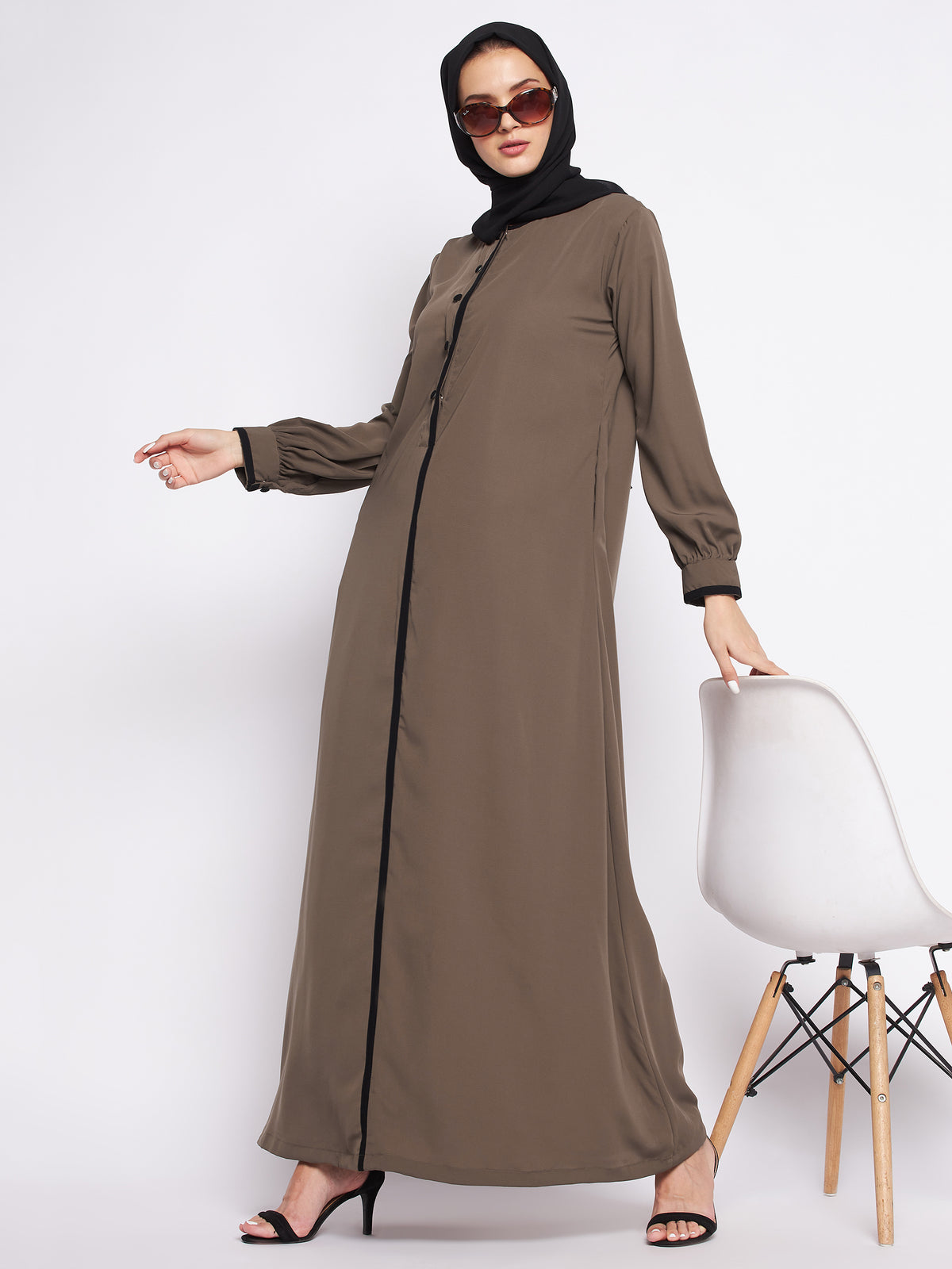 Nabia Oat Solid Nida Matte Fabric Abaya For Women With Georgette Scarf