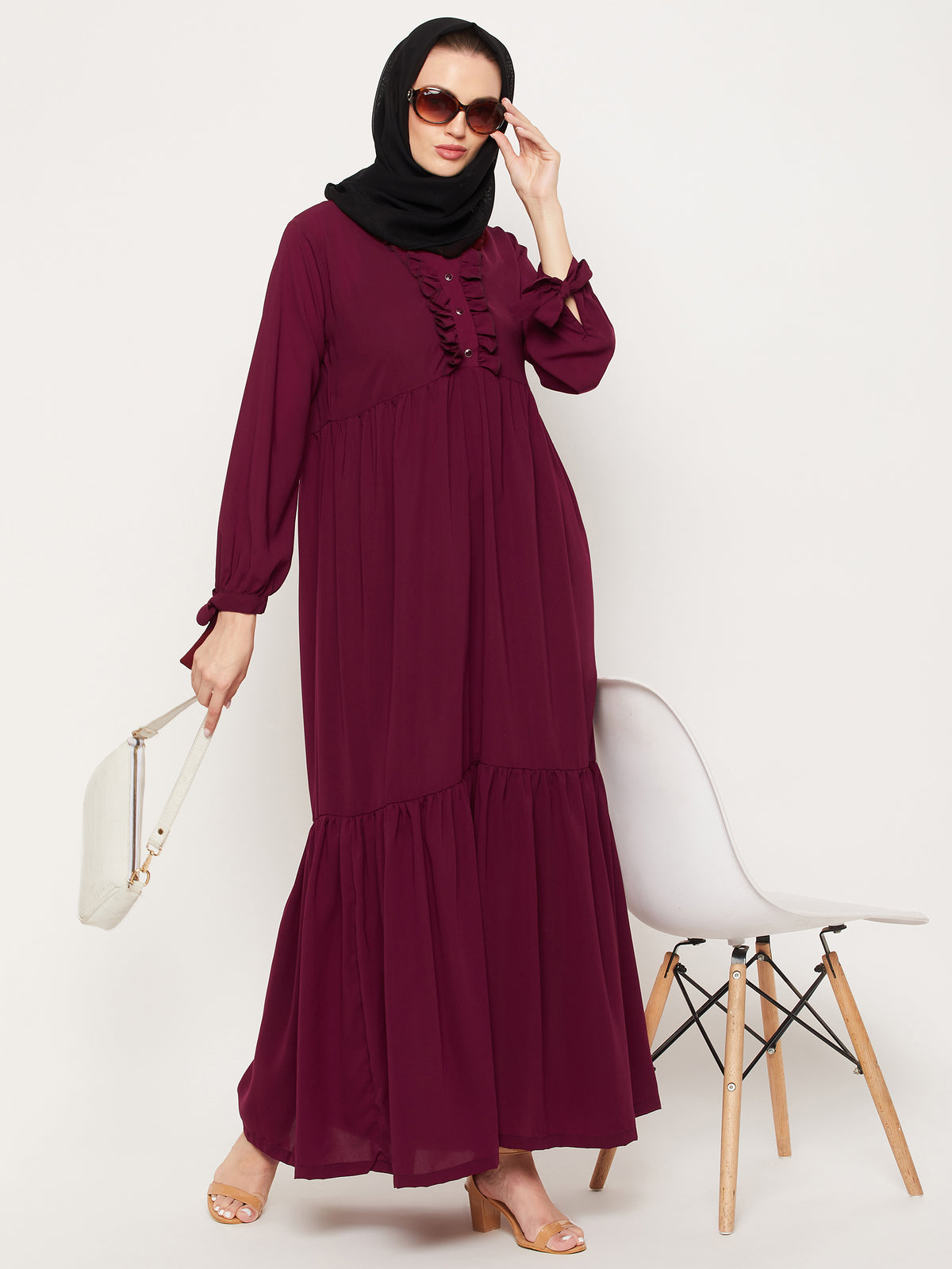 Nabai Maroon Ruffle Nida Matte Fabric Women Abaya With Georgette Scarf